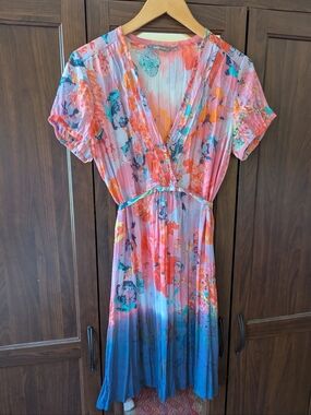 Sandwich Short Sleeve Bright Multicolour Sheer Floral Dress Summer Small/Medium